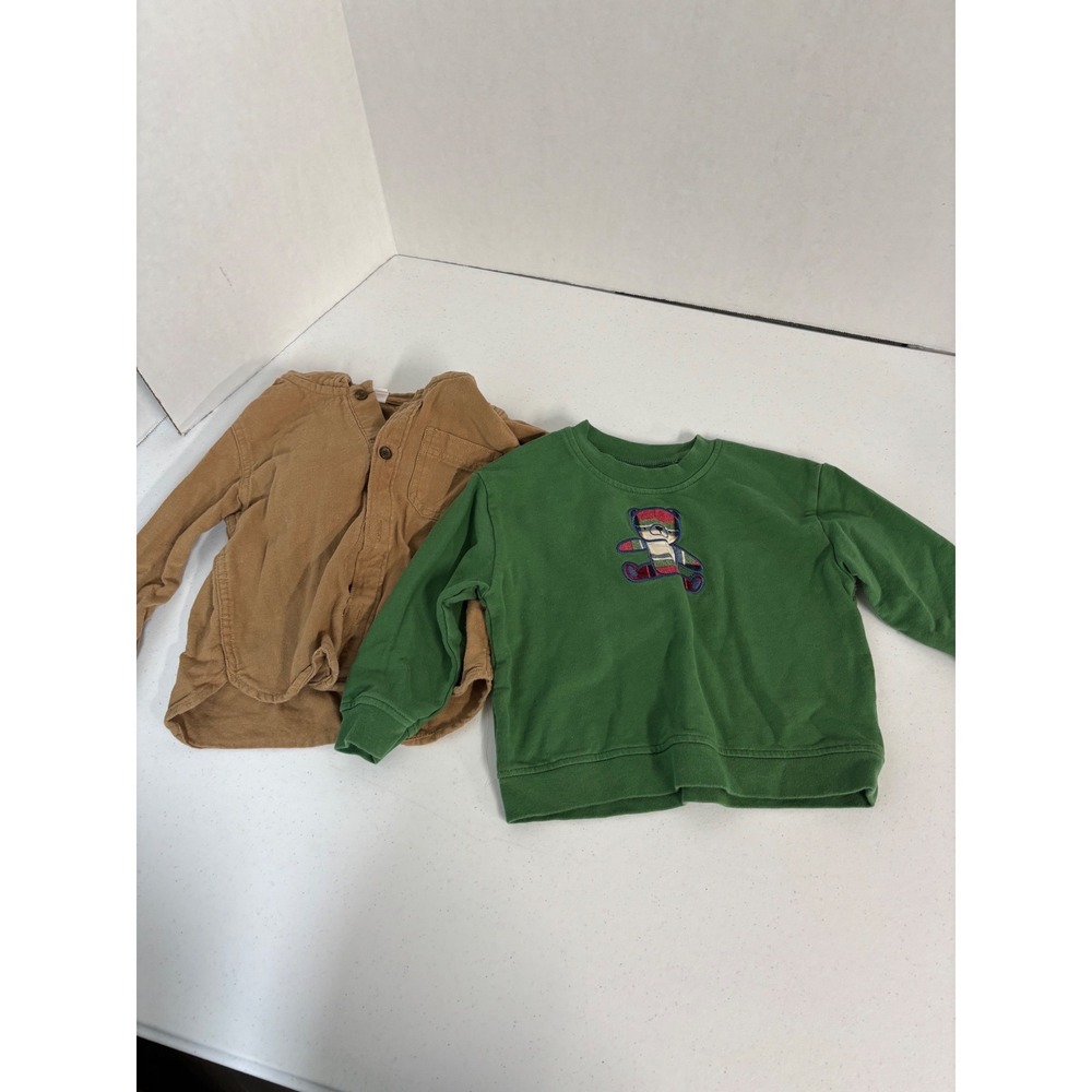 Angel Dear Green Bear Sweatshirt & Baby Gap Tan Hooded Shirt Lot 18-24 Months